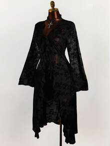 Amplova Conjunto de 2 piezas elegante de talla grande para mujer con blusa de manga acampanada con nudo delantero y estampado floral en malla y falda midi