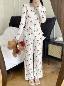 SHEIN 2 件套少女韩版简约可爱樱桃印花方领蕾丝花边纽扣装饰长袖 T 恤和荷叶边休闲裤睡衣套装，适合日常穿着、活动、家庭聚会 - 白色 - 查看 3