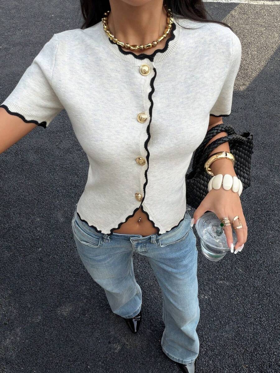 Siren Gaze Women's Casual Commuter Contrast Trim Short Sleeve Thin Cardigan Summer - Apricot - View 1