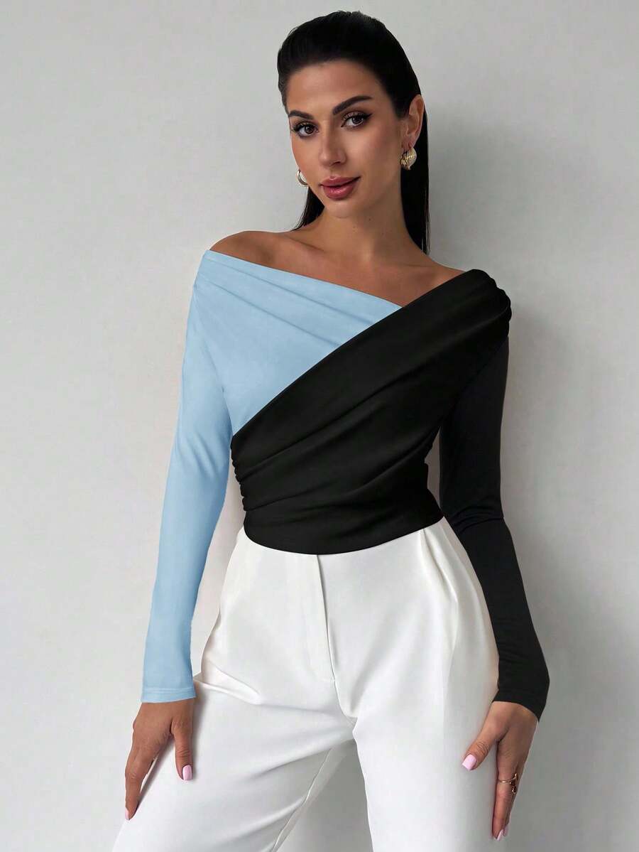 Firerie 女士优雅简约时尚性感日常通勤音乐节度假不对称领口垂坠拼色短款长袖上衣 - 淺藍色 - 查看 1