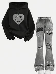 SHEIN Girlism 2pcs/Set Teen Girls Casual Street Style Heart & Face Graffiti Print Loose Fit Hoodie Sweatshirt And Flare Pants, Suitable For Autumn/Winter, Suitable For Home, Outings, Street Photography