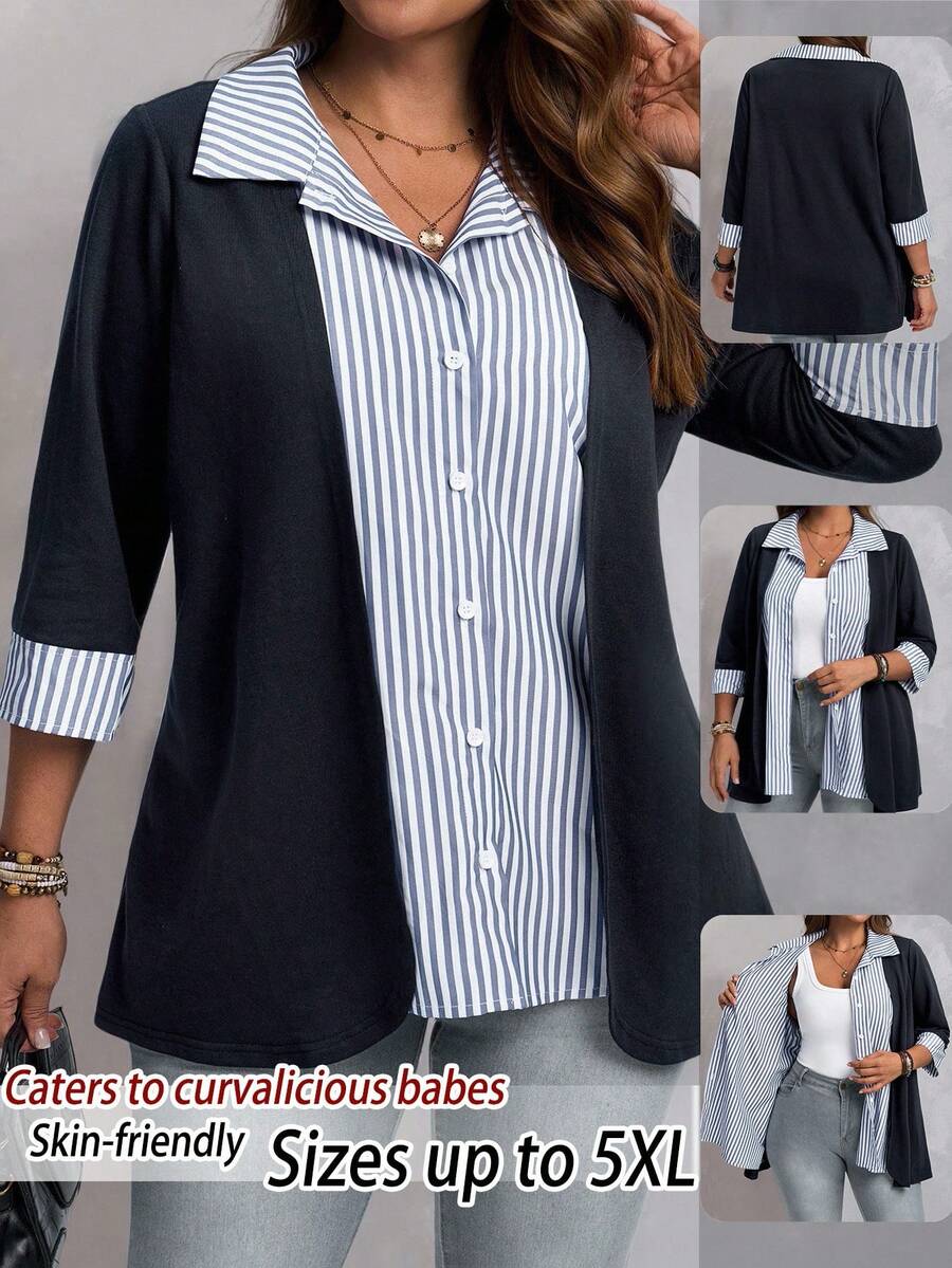 EMERY ROSE Plus Size Casual Commuter Striped Patchwork Shirt, Autumn/Winter - Navy Blue - View 1