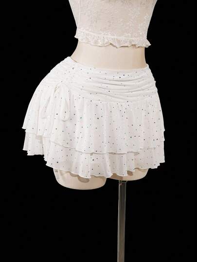 SHEIN ICON Minifalda de malla con brillo y volantes con abertura alta y lazo, talla grande