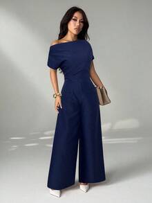 SHEIN PETITE Women's Summer New Arrival Simple Elegant Daily Casual Linen Commuter Wide Collar Off Shoulder Blouse And Wide Leg Pants Suit - Navy Blue - View 5