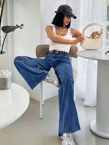 EURMUSE WOMEN LOW WAIST WIDELEG GRAY WASH EVERY DAY CASUAL JEAN - Medium Wash - View 3