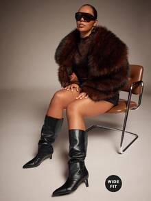 SHUZIA Women's Wide-Calf Fashionable & Comfortable Point Toe Side Zipper Kitten Heel Mid-Calf Boots For Christmas - Black - View 1