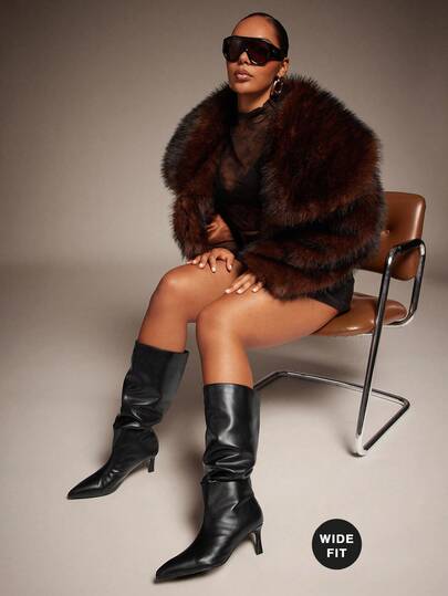 SHUZIA Women's Wide-Calf Fashionable & Comfortable Point Toe Side Zipper Kitten Heel Mid-Calf Boots For Christmas