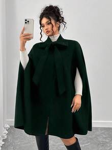 Elenzga Plus Size Elegant Bow Collar Cape Poncho Cloak - Dark Green - View 5