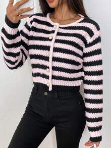 SHEIN PETITE Áo len cardigan dệt kim sọc dài tay đơn hàng khuy dành cho nữ, Thu/Đông - Màu Hồng baby - Xem 6