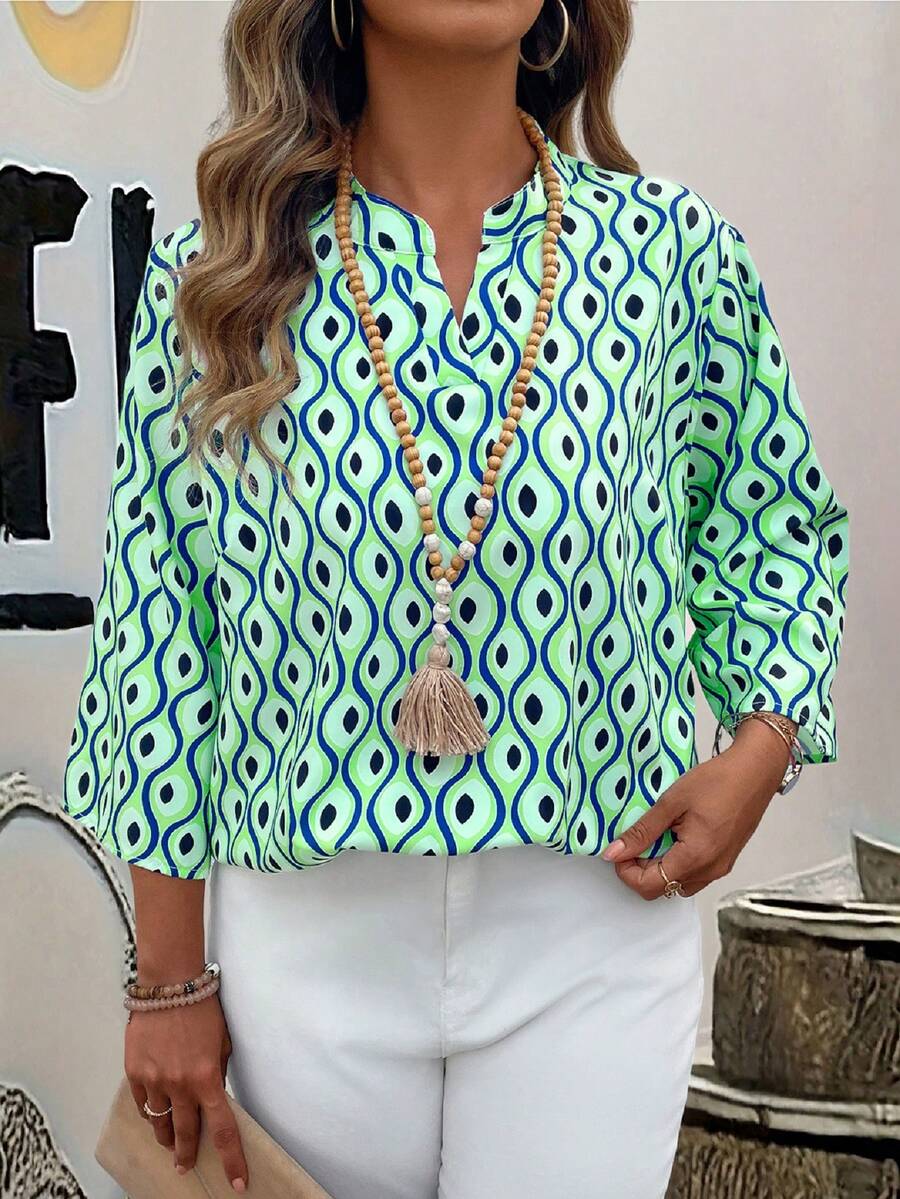 EMERY ROSE Plus Size Women's Elegant Commuter Casual Floral Print Comfortable Shirt With Collar 3/4 Sleeves, Suitable For Spring Summer Autumn