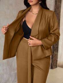 Flirla 大码秋冬欧美风梭织西装套装，法式修身直筒裤，时尚优雅的OL套装，棕色两件套，女士两件套，优雅女士办公套装，商务休闲女士两件套，女士西装套装，商务休闲女士两件套，棕色两件套，女士两件套，优雅女士西装套装，商务休闲女士两件套，棕色两件套，女士两件套，优雅女士 - 棕色 - 查看 8