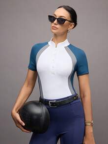 Activina Women's Contrast Color Stand Collar Raglan Short Sleeve Button Half Placket Equestrian Top Equestrian Clothing - White - View 4