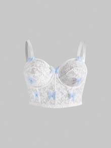 ROMWE Kawaii 大码女士钢圈文胸，清新甜美纯真可爱 3D 蝴蝶蕾丝花边 - 白色 - 查看 1