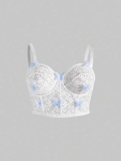 ROMWE Kawaii Sujetador con aros para mujer de talla grande, con adorno de encaje con mariposas 3D, fresco, dulce y lindo