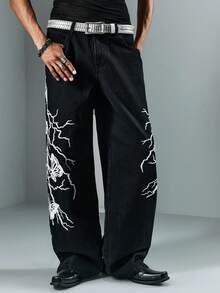 ROMWE MEN Anime Quần Jeans Denim Thêu Tia Chớp Tối Cho Nam - màu đen - Xem 6