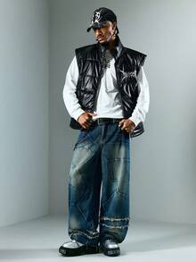 ROMWE MEN Street Life Men's Casual Letter Gothic Print Vest, Autumn/Winter - Black - View 6