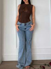 SHEIN SXY Women's Brown Plain Tank Bodysuit Knitted Fabric Sleeveless Cold Shoulder Round Neck With Sexy Semi-Sheer And Cut Out Details Sexy Bodysuit Women Bodysuits Brown Bodysuit Brown Swimsuit Women Brown Body Suit Brown Sleeveless Bodysuit - Brown - View 3