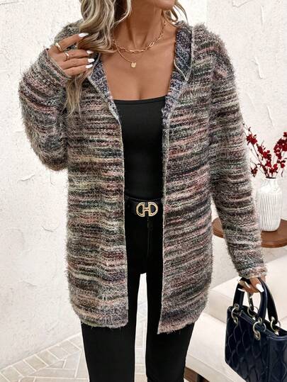 SHEIN Clasi Cardigan feminino colorido de lã transparente casual com capuz e manga comprida felpudo