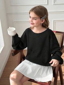 SHEIN Serisse Kids 青少年女孩純黑色長袖針織衫，露肩領口，秋冬休閒假期返校上衣 - 黑色 - 查看 3