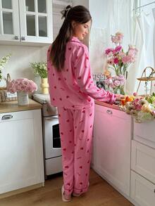 粉色甜心印花女士开襟领长袖上衣和裤子睡衣套装，粉色睡衣套装，心形睡衣套装，秋冬服装 - 粉色 - 查看 2