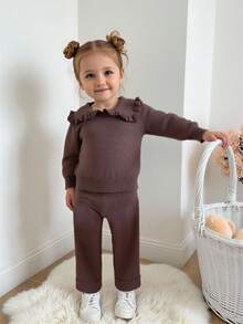 Bộ đồ gồm áo khoác cardigan dệt kim dài tay tối giản màu nâu đa năng cho bé gái năm 2025, phong cách nhẹ nhàng, thoải mái với ve áo rộng, áo len mềm mại, trang phục dệt kim mặc ngoài, thích hợp mặc hàng ngày và đi làm, mùa thu và mùa đông - Cà phê nâu - Xem 3