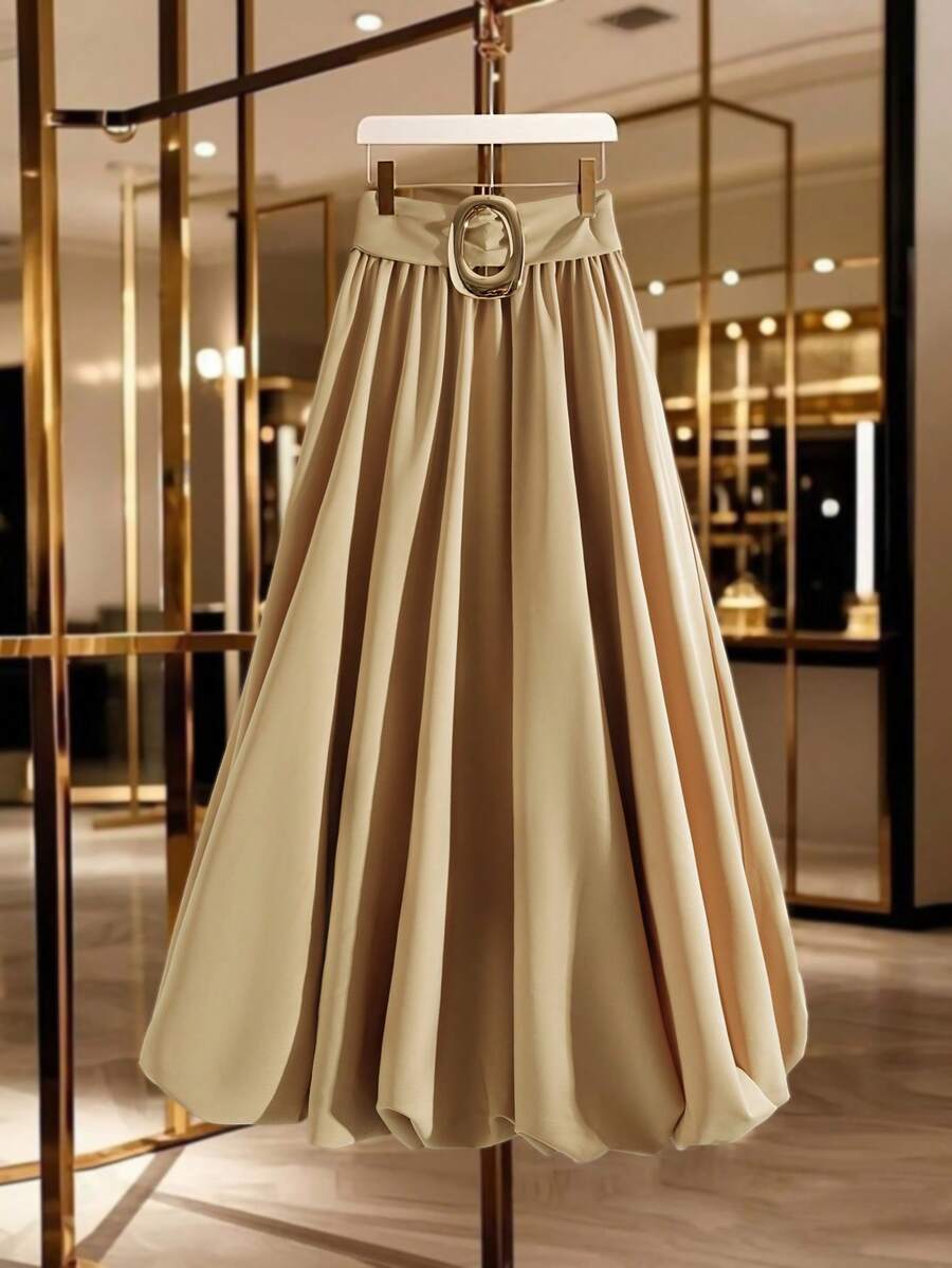 GlowEve 女士秋冬户外/办公室商务休闲连衣裙，金属扣领带蝴蝶结优雅通勤时尚精致郁金香裙 - 卡其色 - 查看 1