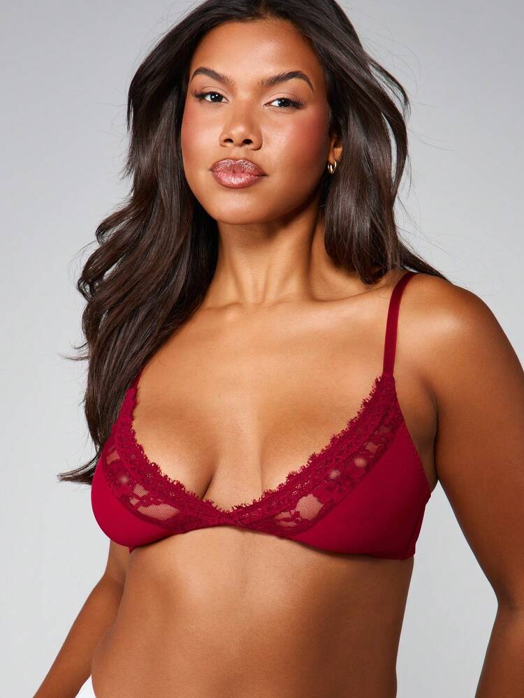 MISSGUIDED Sutiã de Renda Borgonha com Acabamento de Cílios e Taças Macias para Ocasiões Íntimas