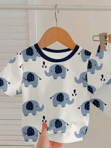 2pcs Young Boy Loose Casual Home Outfit Set With Cute Elephant Print, Suitable For Home Wear