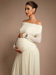 MaterniChic Maternity Off Shoulder Long Sleeve Floral Embroidery Dress Elegant White Autumn Wedding Guest Luxury Chic Baby Shower Pregnancy Photoshoot Dress - Apricot - View 6