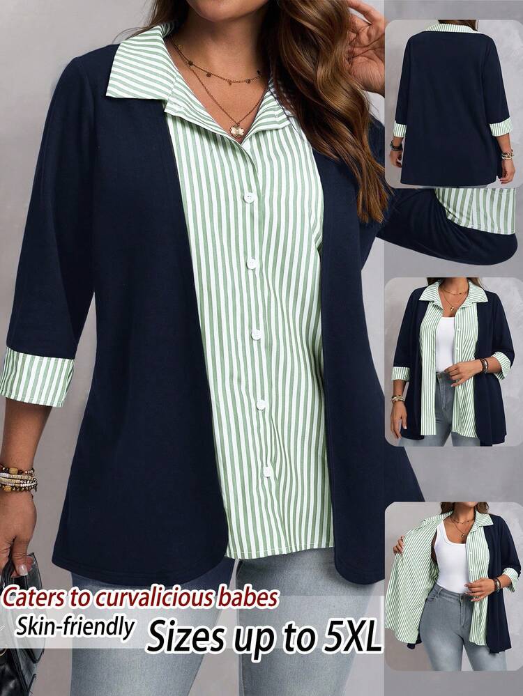 Plus Size Women Patchwork Striped 3/4 Sleeve Single-Breasted Casual Jacket/Winter