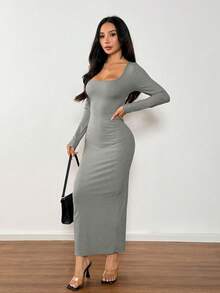 SHEIN PETITE Vestido negro de manga larga, cuello cuadrado y ajustado, para usar en otoño - Gris - Ver 3