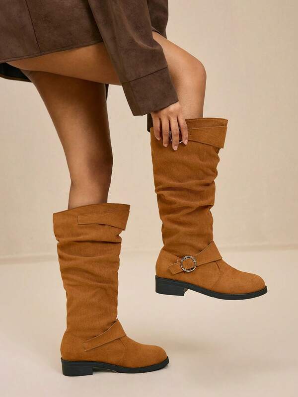 Daringsoles Botas hasta la rodilla con tacón grueso, versátiles y con pliegues de moda para mujer