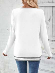 SHEIN LUNE Women's Striped V-Neck Long Sleeve Pleated Button Design Casual T-Shirt - Multicolor - View 2