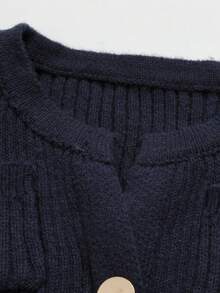 GlowEve Vestido de punto francés ajustado con diseño de botones y cuello en V de unicolor para mujer - Azul Marino - Ver 4