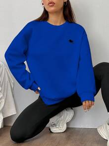 SHEIN EZwear 2件套小马印花宽松圆领运动衫和紧身打底裤 - 寶藍色 - 查看 3