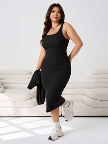 SHEIN EZwear Ensemble 2 pièces top à manches longues et jupe de couleur unie minimaliste grande taille, tenue de tous les jours