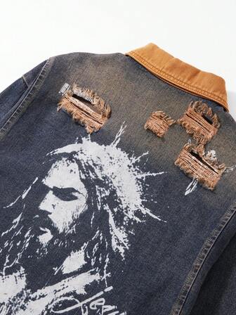 Street Life جاكيت جينز كاجوال للرجال بطبعات حرفية وتأثير بالى، بياقة ملونة بتصميم الشارع والموضة