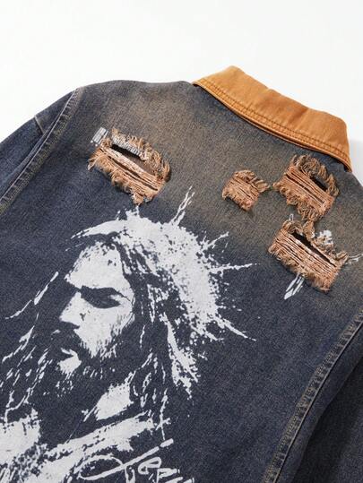 Street Life Men's Fashion Street Punk Contrast Color Collar Graphic Letter Print Distressed Washed Denim Jacket