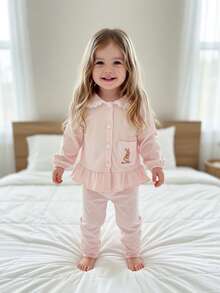 SHEIN 2pcs Baby Girls' Light Pink Autumn Cute Sleep Set,Rabbit Embroidery Peter Pan Collar Patchwork,White Lace Pocket,Ruffle Hem Cardigan & Pants Pajama Suit - Pink - View 5