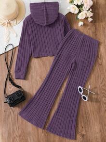 SHEIN 2pcs/Set Tween Girl Solid Color Long Sleeve Hoodie Top And Pants Set - Purple - View 2