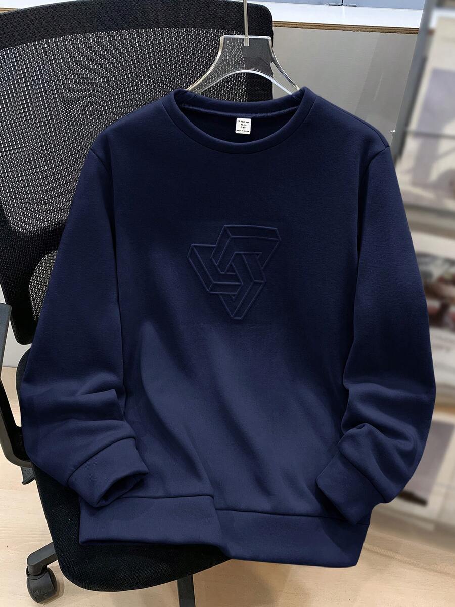 SHEIN Tween Boy Casual Loose Comfortable Versatile Solid Color Embossed Pattern Crew Neck Sweatshirt, Suitable For School And Outdoor Sports,Thanksgiving,Christmas,Winter,Winter Clothes,Cozy Fall & Winter Styles, Navy Blue Sweatshirt, Long Sleeve Sweatshirt - Navy Blue - View 1
