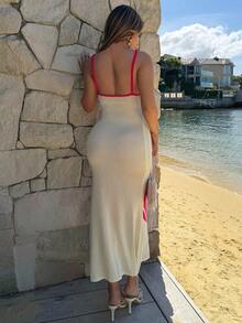 Maria Perezxox Romantisches Strickkleid für Damen mit Farbblockdesign und Muschelstickerei, für Frühling/Sommer, Urlaub - Beige - Übersicht 3