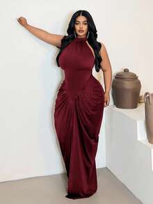 Maweii Plus Size Ruched Waist Sleeveless Bodycon Dress - Burgundy - View 1