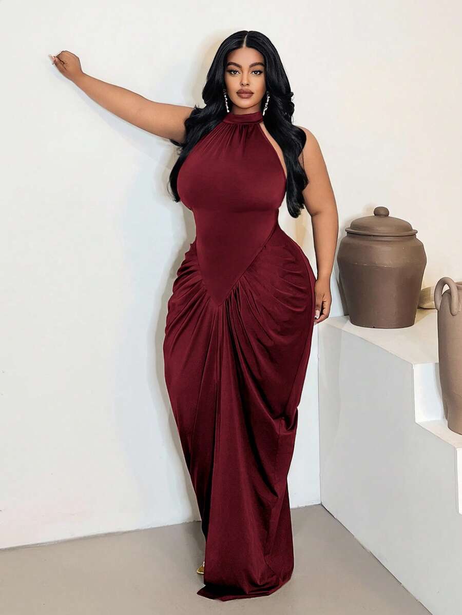 Maweii Plus Size Ruched Waist Sleeveless Bodycon Dress - Burgundy - View 1