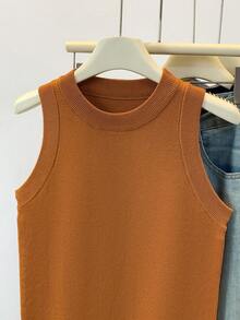 SHEIN Áo len dệt kim cổ tròn màu trơn thường ngày cho nữ, Thu/Đông - Rỉ Nâu - Xem 4