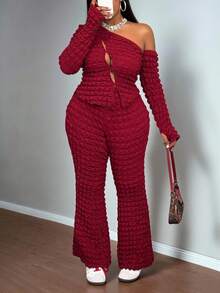 Slaydiva Party Exclusive 2025 New Preppy Style Autumn/Winter New Women's Plus Size Cold-Shoulder Asymmetric Hollow Long Sleeve Top + Bodycon Flare Pants Outfit, Suitable For Party, Outing, Sexy, Date, Bar, Fashion