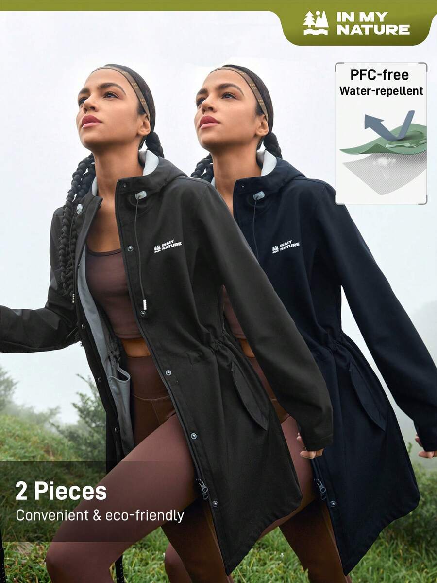 In My Nature 2 piezas Chaqueta impermeable larga con capucha para invierno y exterior, con cintura ajustable para mujeres, adecuada para acampar, senderismo y transporte urbano - Multicolor - Ver 1