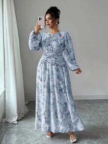 Modelyn Vestido de manga larga con cuello redondo, fruncido y estampado de mariposas de gasa - Azul - Ver 7