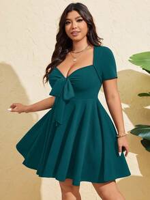 Flirla 大码女式性感前系带短袖紧身连衣裙，夏季 - 綠色 - 查看 2