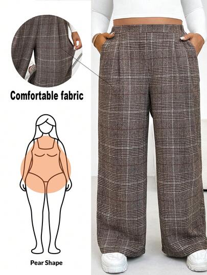 Shapeblank Pantalones anchos de talle elástico con estampado de cuadros retro marrón, cómodos y sueltos, para uso diario, de moda casual de otoño e invierno para mujer de talla grande. Pantalones de trabajo, ropa de invierno para mujer.